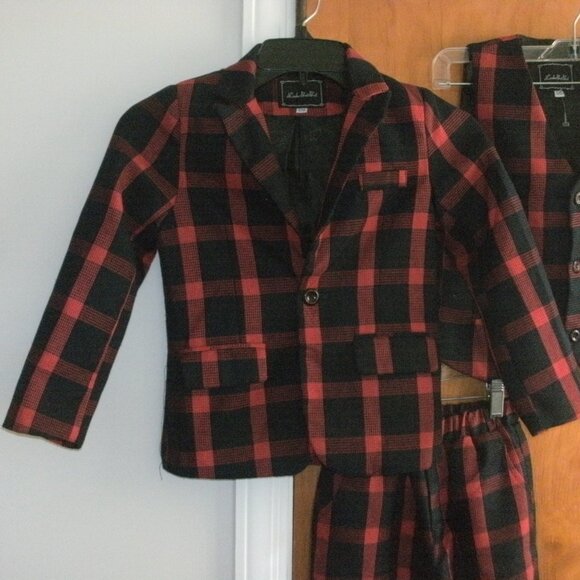 Luobo Bei Bei 3 Piece Formal Suit Plaid Navy Blue Red Matching Jacket Vest Pants - Picture 2 of 4